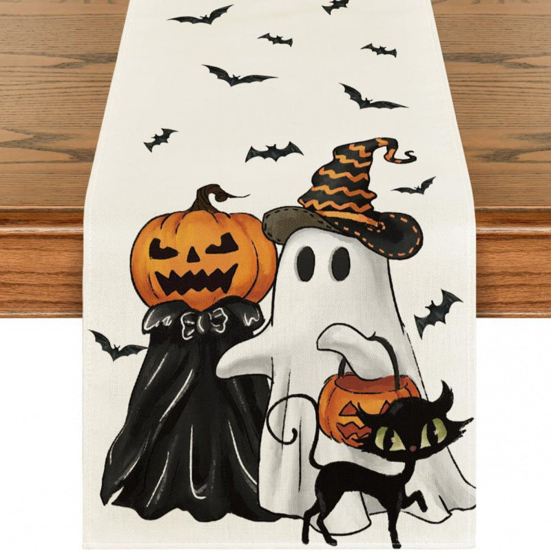 Halloween Pumpkin & Ghost Linen Table Runner