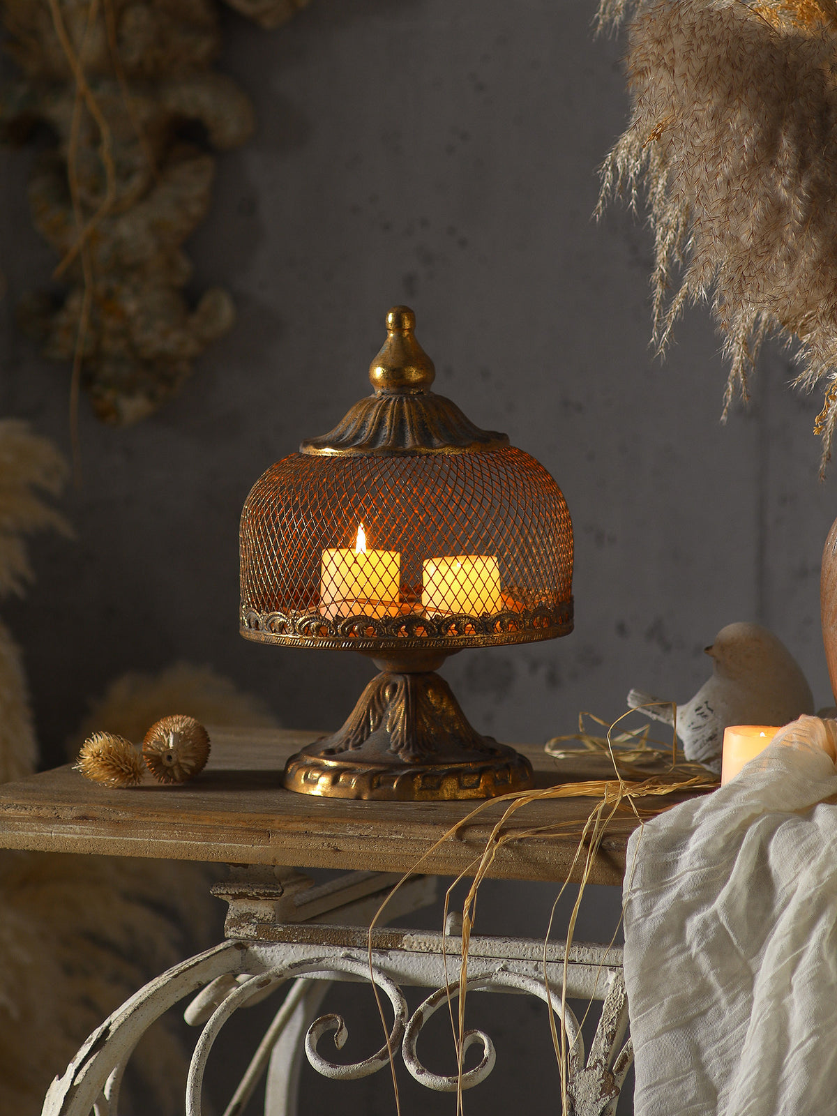 Vintage Wrought Iron Candle Cage Lantern| Rustic Antique Home Decor