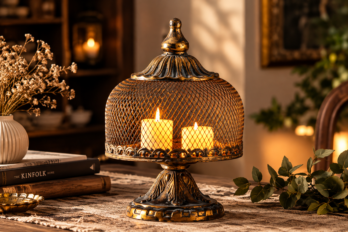 Vintage Wrought Iron Candle Cage Lantern| Rustic Antique Home Decor