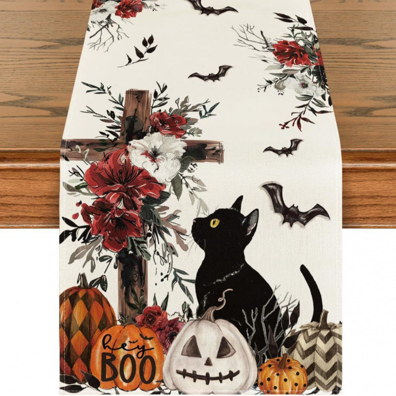 Halloween Pumpkin & Ghost Linen Table Runner