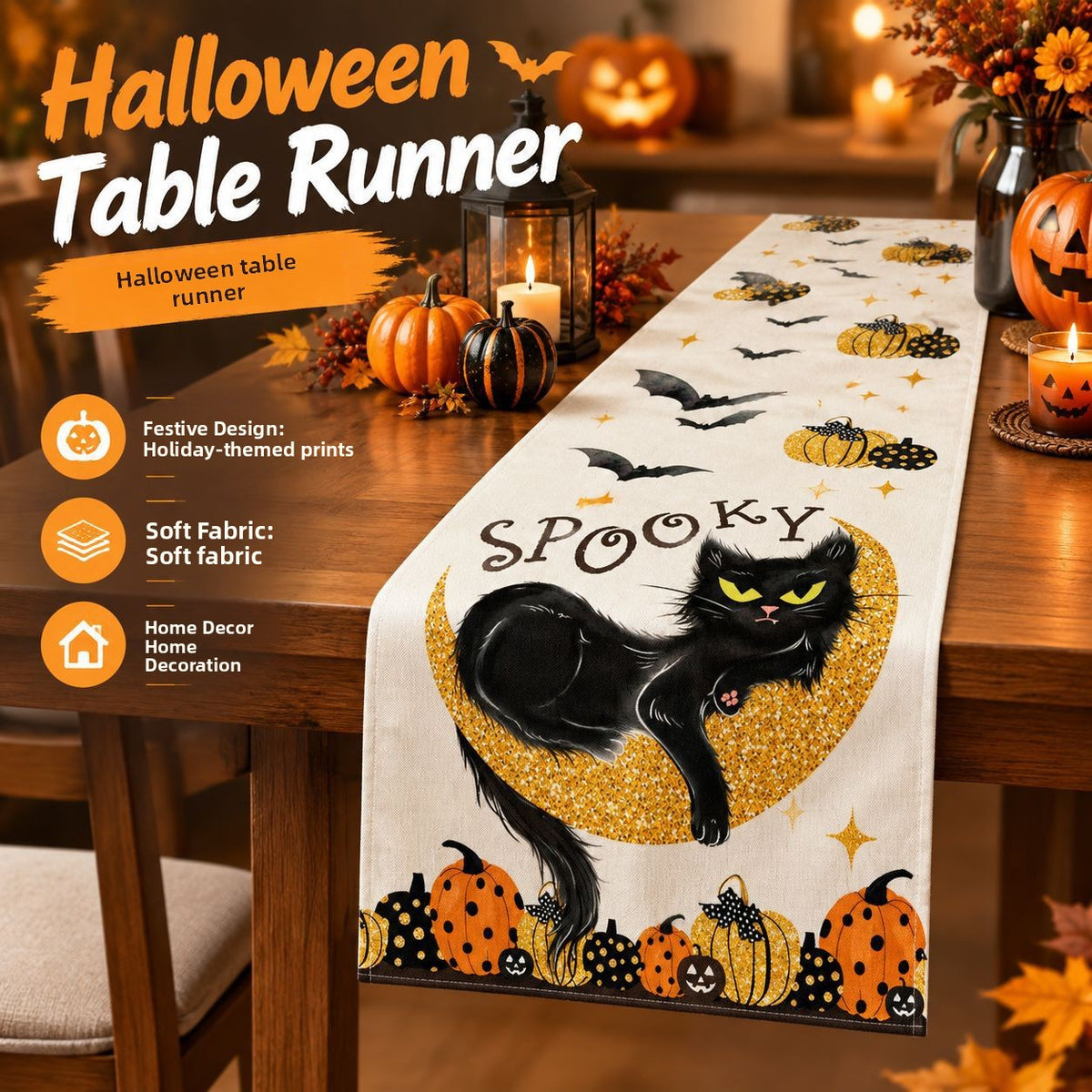Halloween Pumpkin & Ghost Linen Table Runner