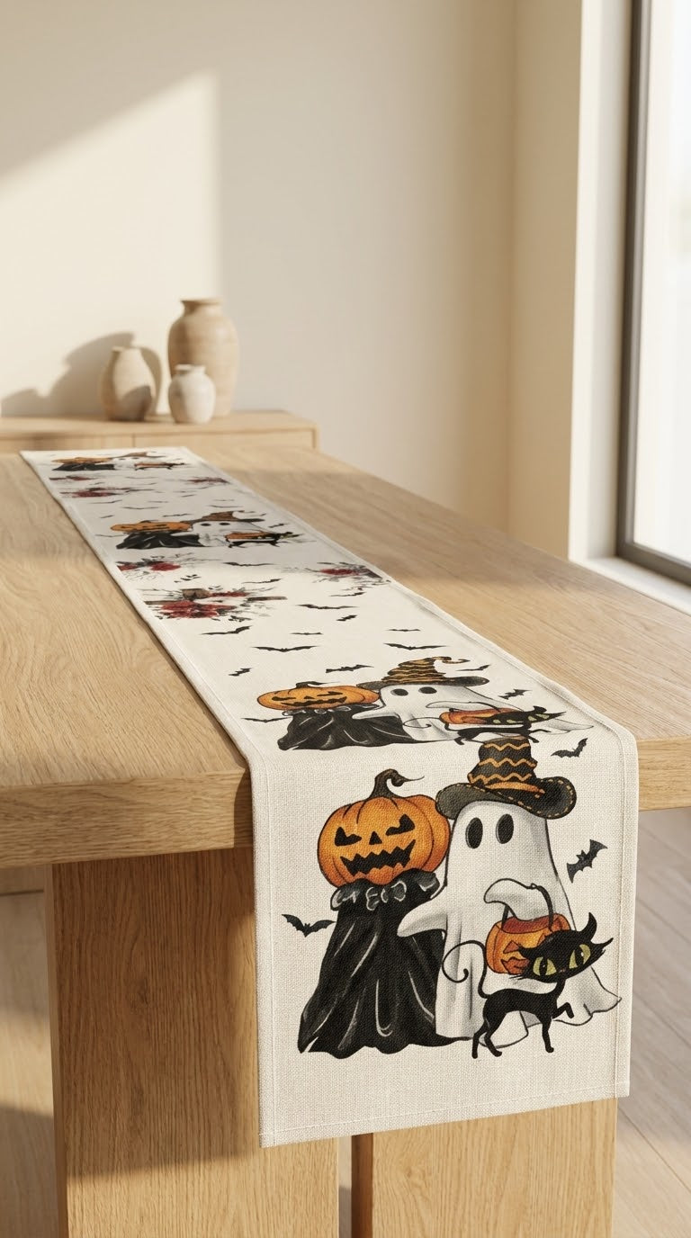 Halloween Pumpkin & Ghost Linen Table Runner